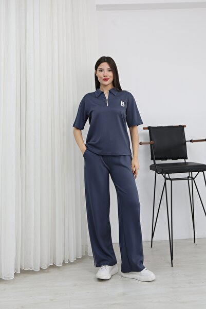 chize Κομψό σετ φόρμας με διακοσμητικό ρέλι φερμουάρ και λαιμόκοψη πόλο