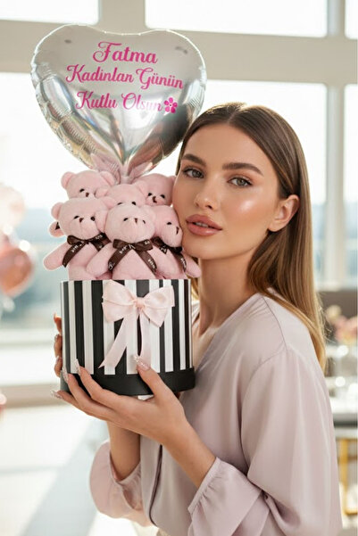Solemia Kişiye Özel Kadınlar Günü Hediyesi Balonlu 6lı Pembe Peluş Ayıcık Buk...