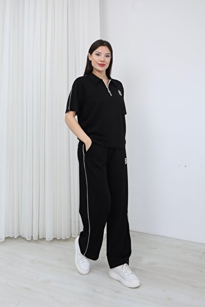 02Lady Fashion Zippered Polo Collar Piped Detail Tracksuit Set