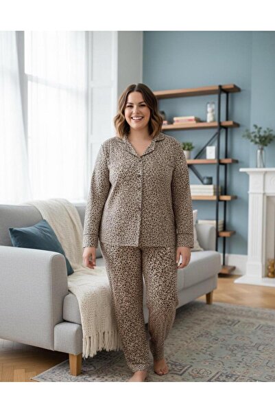 ÇİTO KİDS طقم بيجامة نسائي من قماش ميلان مقاس كبير ياقة قميص بأزرار طبعة الفه...