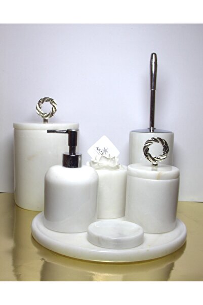 Akmera Home 7’li Lüks Afyon Beyaz Mermer Banyo Seti – Gümüş Kulplu Zarif Tasarım