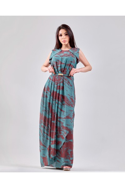 Opera Fashion Long chiffon floral dress with an elegant waist belt