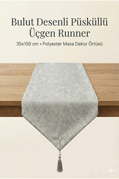 atak by atak home collection Gümüş Bulut Desenli Püsküllü Üçgen Masa Runner 3...