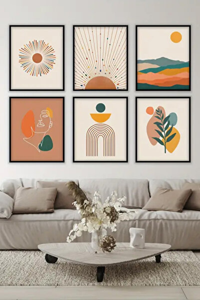 Pi Dekorasyon Bohem Soyut Sanat Baskı 6’lı Çerçeve Görünümlü Modern MDF Tablo...