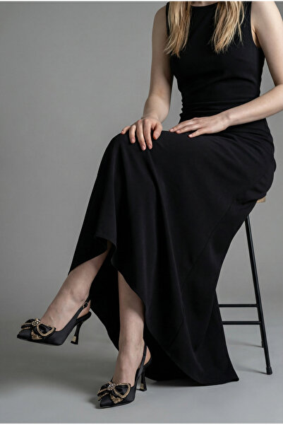 HANZE Kadın Siyah Orta Topuk Stiletto Saten Fiyonklu Yeni Sezon F6171