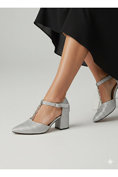 Ozzo Woman Γυναικεία βραδινά παπούτσια με τακούνι 5 εκ. ασημί χοντρό τακούνι ...