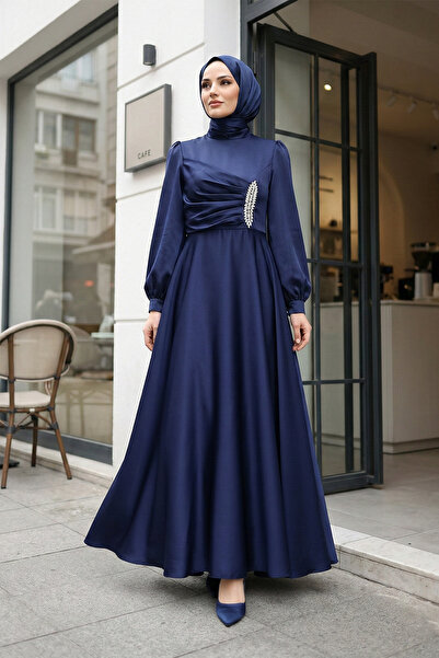 MODAQU Stone Detailed Long Satin Dress - Navy Blue