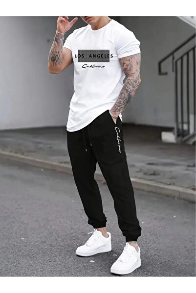 puolikuu Men's Oversized Tracksuit Set - Stone Washed Printed T-Shirt - Track...