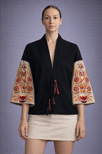 Nulivez Women's Short Sleeve Jacket – Ethnic Floral Embroidered, R Ribbed Mod...