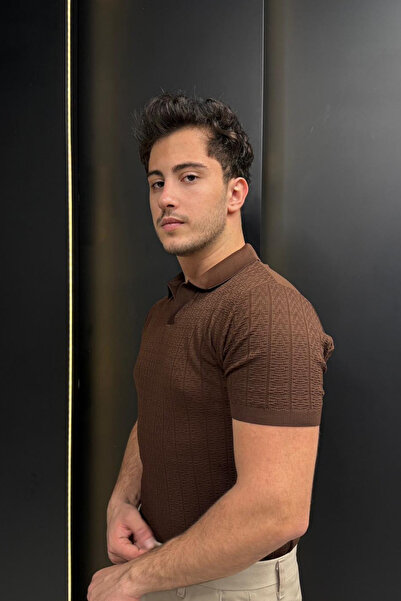 sunfyre Men Slim Fit Patterned Polo Neck Short Sleeve Knitwear T-Shirt Sun296