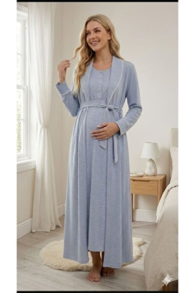 Lohusa Dünyasi Kadın Mavi Şal Yaka Sabahlıklı Lohusa Hamile Gecelik Seti