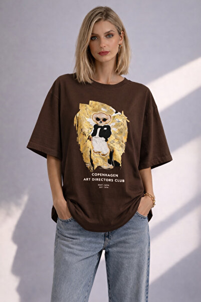 KAREL BUTİK Γυναικείο μπλουζάκι με στάμπα σε καφέ χρώμα, 100% οργανικό βαμβάκ...