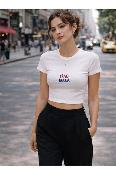 Risely Co Women's White Ciao Bella Written Cropped T-Shirt Casual Stylish Bas...