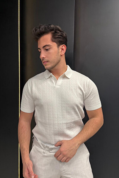 sunfyre Men Slim Fit Patterned Polo Neck Short Sleeve Knitwear T-Shirt Sun296