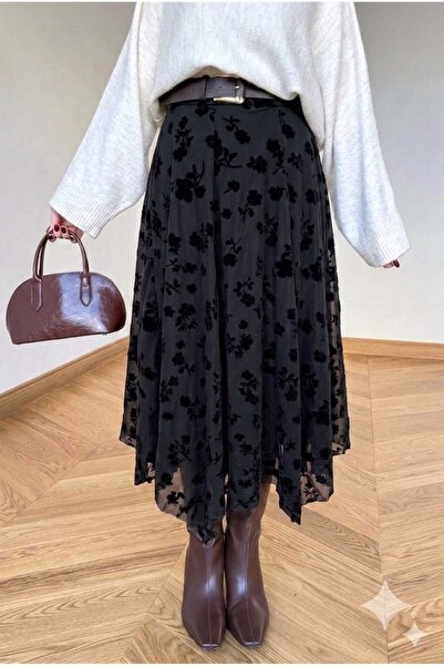 UZER Flok Baskılı Asimetrik Kesim yeni sezon midi boyTül Etek