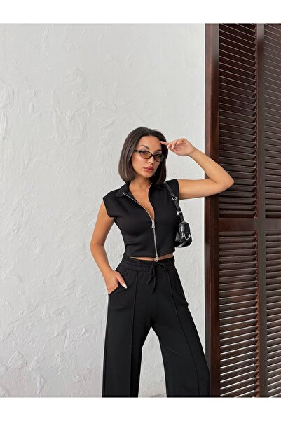 MEECY Women's Polo Collar Zippered Cropped Vest and Wide Leg Pants Two-Piece Set