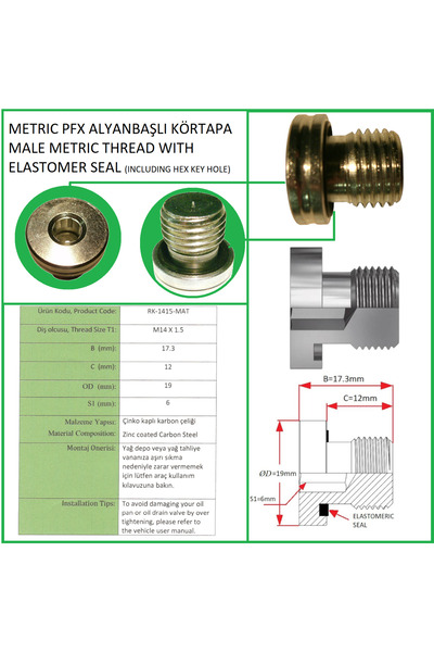 Rekorsan M14x1.5mm Kör Tap - Araç ve Hidrolik Sistemler Uygun - Oil Sump Drai...