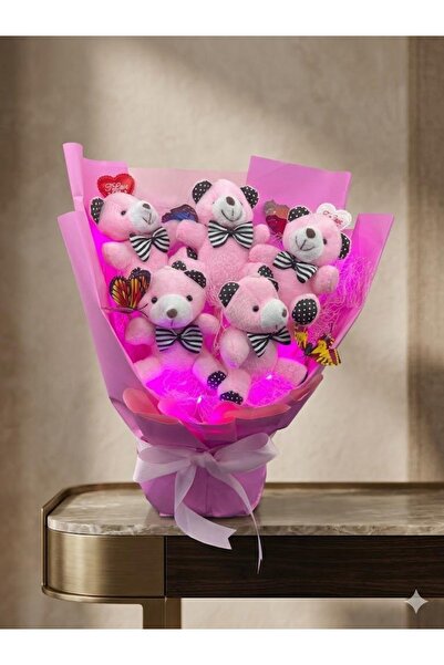 greendeco Led ışıklı pembe ayıcık buketi -kelebek’li ayıcık aranjman -sevgili hediyesi -özel gün hediyesi