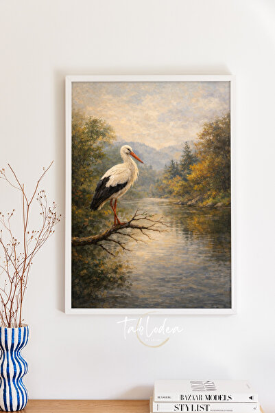 tablodea Stork Patterned Vintage Oil Painting Look Framed Poster Td Nature Th...