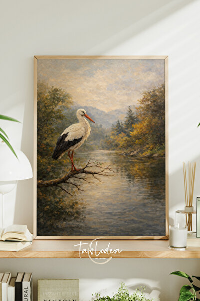 tablodea Stork Patterned Vintage Oil Painting Look Framed Poster Td Nature Th...
