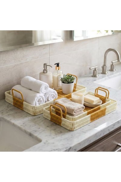 Generic Brand Çetiner Group ®   Interlocking Set of 3 Rectangular Plastic Rattan Trays – Dual Color Wicker Look Multi-Purpose Serving and Presentation Trays