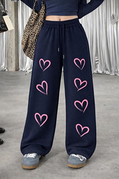 Le Vion Women's Heart Print Detailed Oversized Wide Leg Relaxed Fit Sweatpants