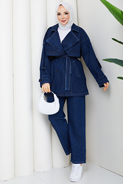 Pamuk Butik Women's Double-Breasted Collared Trousers Double Loose Jeans Set