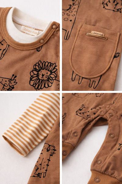 Zeo Unisex Baby Safari Patterned Jumpsuit Long Sleeve with Snap Fasteners Cotton Model