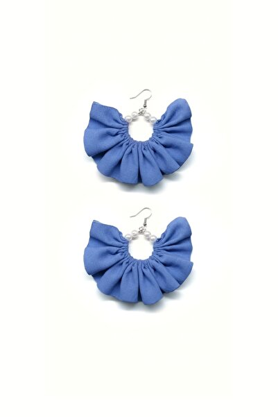 maia Silver Color Hoop Earrings – Indigo Blue Fabric Design with Pearls