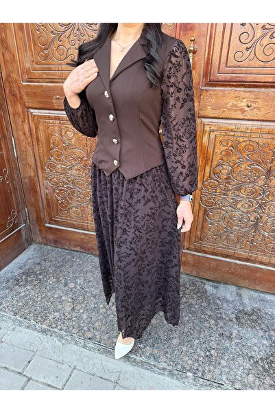 MODA Kadife Desenli Uzun Etek İçi Astarlı Bel Lastikli Kadın Etek Kahverengi