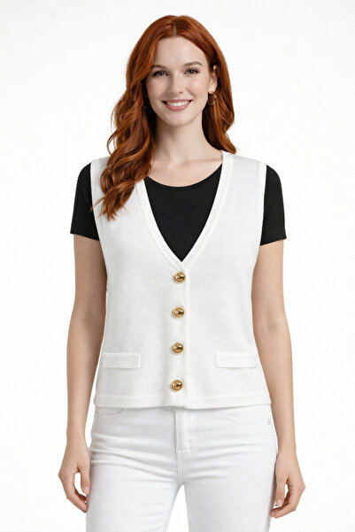 Neden Tekstil White V-Neck Knit Sweater with Gold Buttons Vest