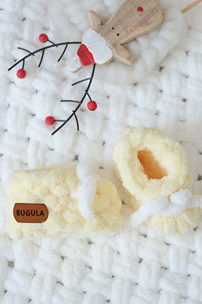Bugula شباشب محبوكة لحديثي الولادة 0-3 أشهر باللون الأبيض مع فيونكة صفراء فات...