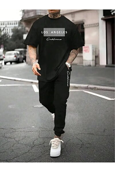 puolikuu Men's Oversized Tracksuit Set - Stone Washed Printed T-Shirt - Track...