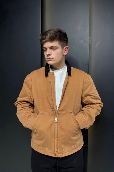 sunfyre Men's Camel Regular Fit Collar Detail Denim Denim Jacket Sun294