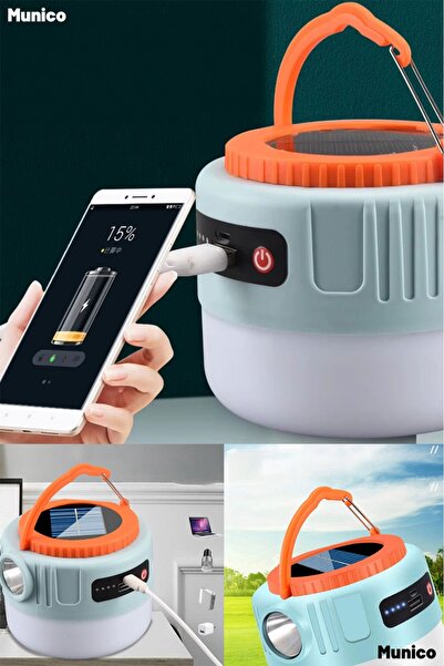 Munico Kamp Lambası USB ve Solar Şarjlı 5-8 Saat Kullanım Süresi ile Doğa Yür...