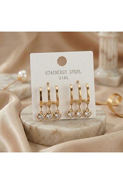 Majesteel -Stainless Steel 316L 3lü Kalp Halka Model Gold Paslanmaz, Kararmaz...