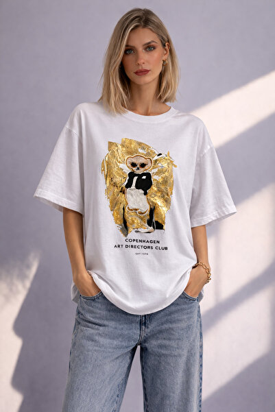 KAREL BUTİK Γυναικείο μπλουζάκι με στάμπα σε λευκό χρώμα, 100% οργανικό βαμβά...