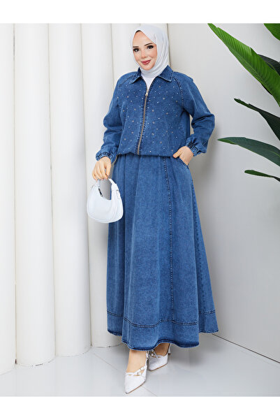 Pamuk Butik Women's Stone Detailed Skirted Two-Piece Denim Set