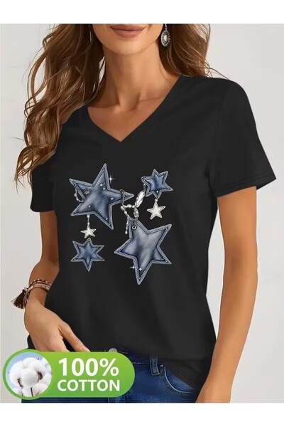 yombaa Printed T-Shirt. Short Sleeve V-Neck Summer & Spring Casual Top, Women...