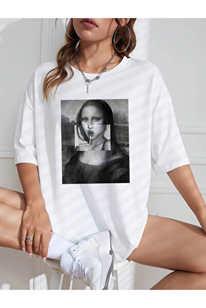 Marco Fresco تيشيرت مونا ليزا مطبوع للشباب بأكمام قصيرة للاستخدام اليومي للجنسين
