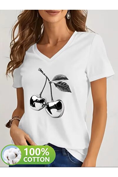 yombaa Printed T-Shirt. Short Sleeve V-Neck Summer & Spring Casual Top, Women...