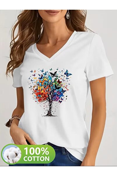 yombaa Printed T-Shirt. Short Sleeve V-Neck Summer & Spring Casual Top, Women...