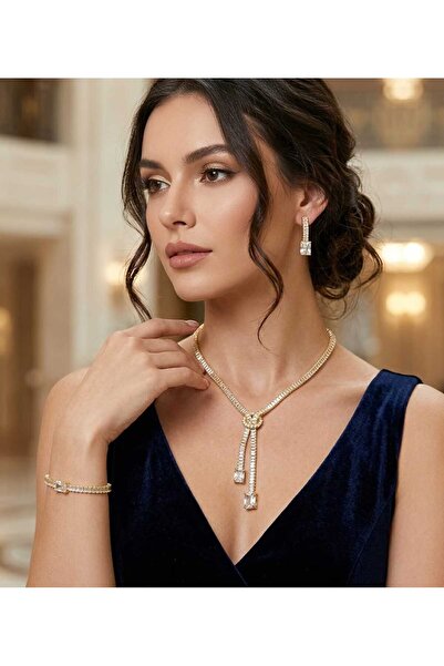 chance butik ALTIN KAPLAMA ZİRKON TAŞLI SU YOLU SET