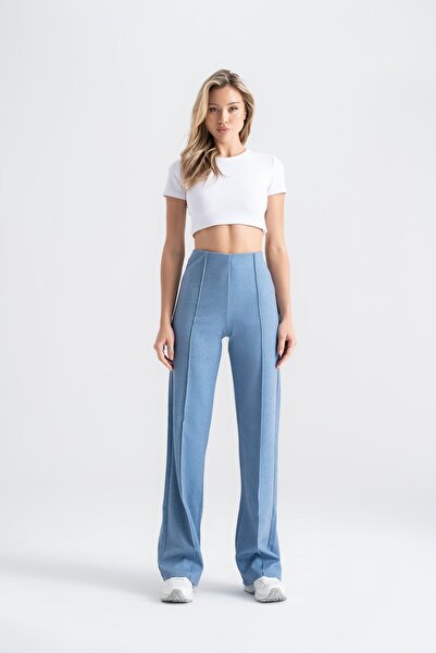 Atelier Masal Women's Blue Leggings Pants with Ribbed Detail Slim Fit , Daily...