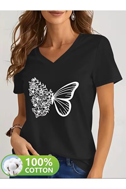yombaa Printed T-Shirt. Short Sleeve V-Neck Summer & Spring Casual Top, Women...