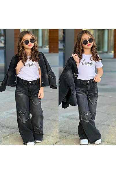 EFSACE 3-Piece Girls' Denim Set with Heart-Embroidered Jacket