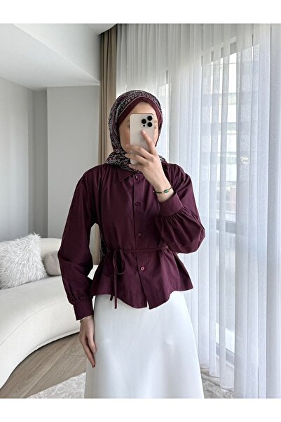 RFK Butik Kadın Omuzu Pileli Etek Üstü Oversize Kısa Gömlek - Bordo