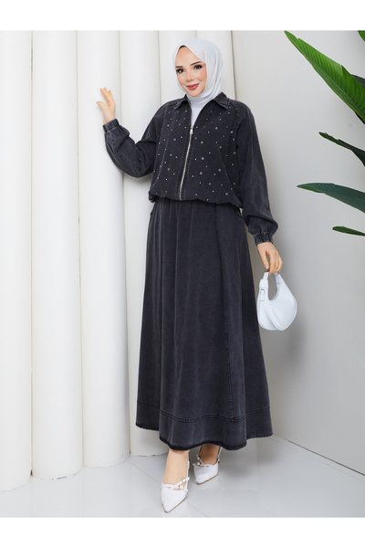 Pamuk Butik Women's Stone Detailed Skirted Two-Piece Denim Set