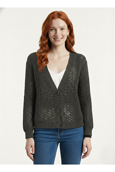 Neden Tekstil Khaki V-Neck Lace-Like Knit 3-Button Knitwear Cardigan