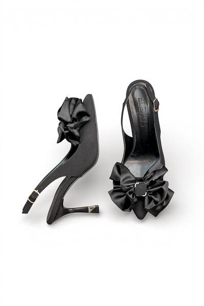 HANZE Kadın Siyah Orta Topuk Stiletto Saten Fiyonklu Yeni Sezon F6172